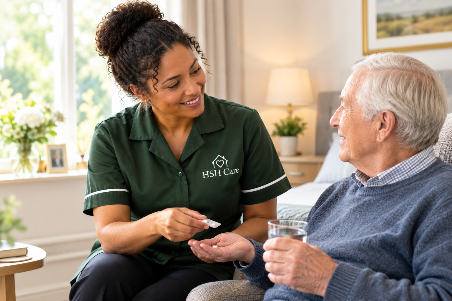 An HSH Care carer helping a client take his medication with a glass of water