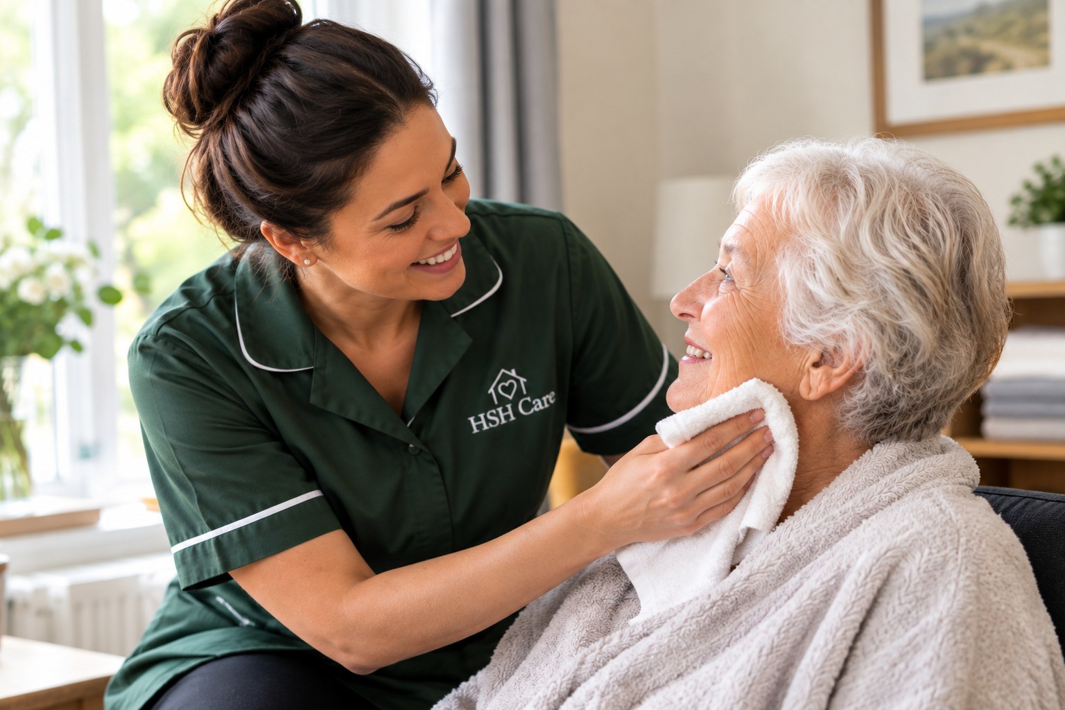 An HSH Care carer gently helping a client wash and freshen up